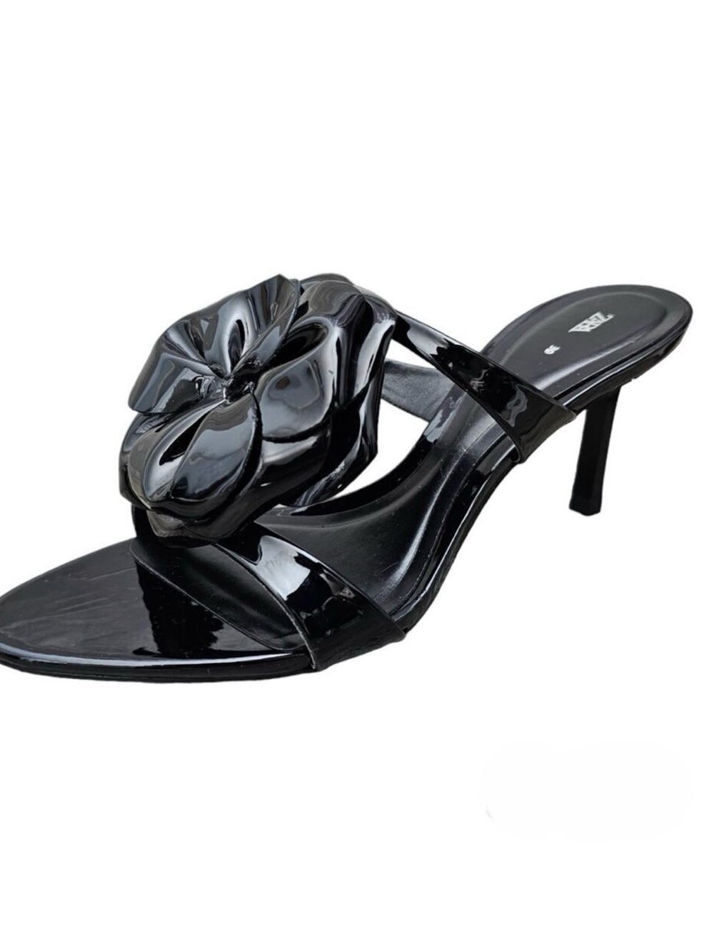 Zara Rose 3D Black Patent Leather Heeled Slip On Sandal New
